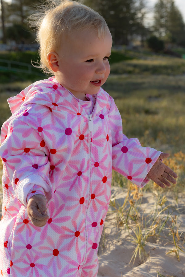 mae and rae hooded towel toddler at beach fun australia